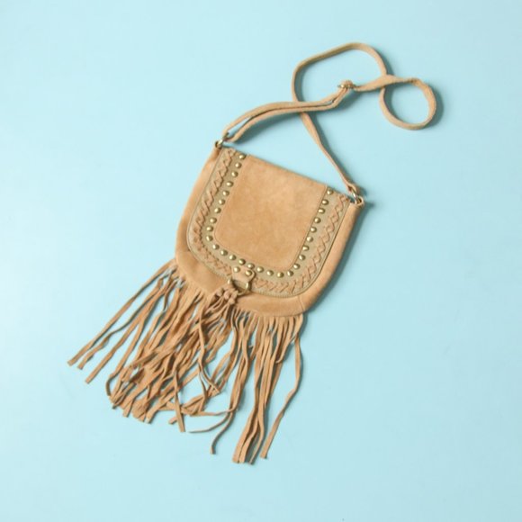 Scully Handbags - Scully Camel Fringe Genuine Leather Studded Over The Shoulder Satchel Purse Bag